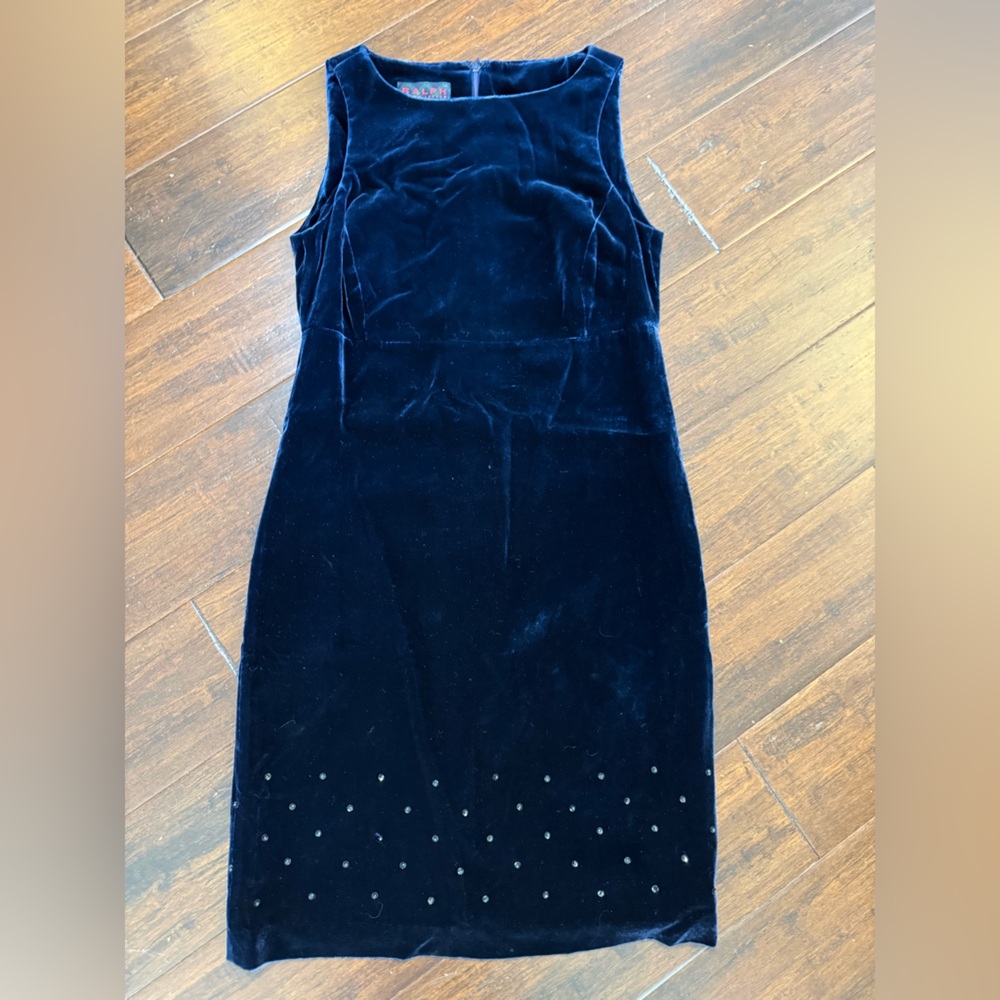 Ralph Lauren Navy Velvet Dress with Subtle Rhinestone Trim Sz 0